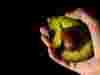 A hand holding half an avocado against a dark background