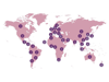 World map with countries in pink against white oceans. Purple Food Made Good logos show which countries have accredited restaurants.