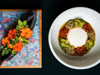Beautiful, colourful food at Celele restaurant in Colombia, shot from overhead against black background