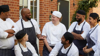 Chefs talking at table outside Heartwood Collection